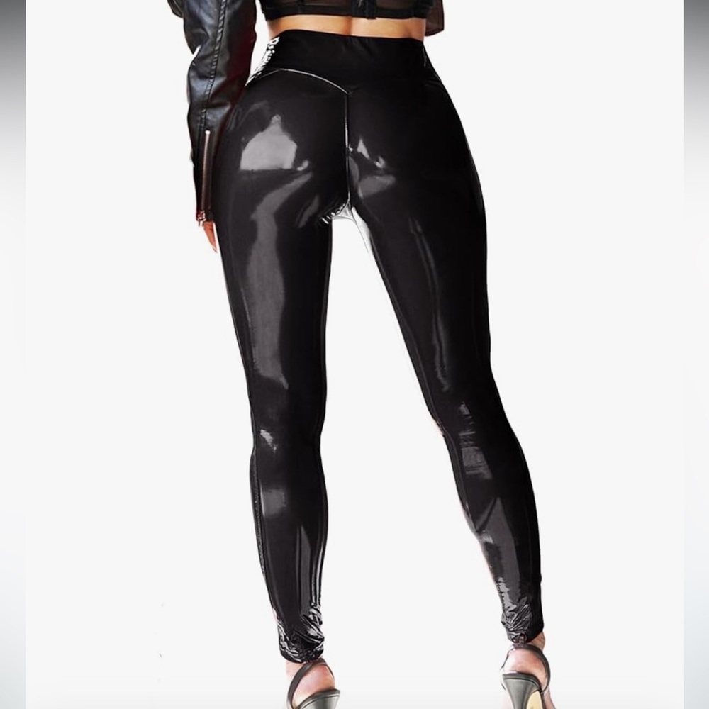 Patent leather vegan vinyl high waisted pants leggings stretch shiny glossy goth - Picture 2 of 5